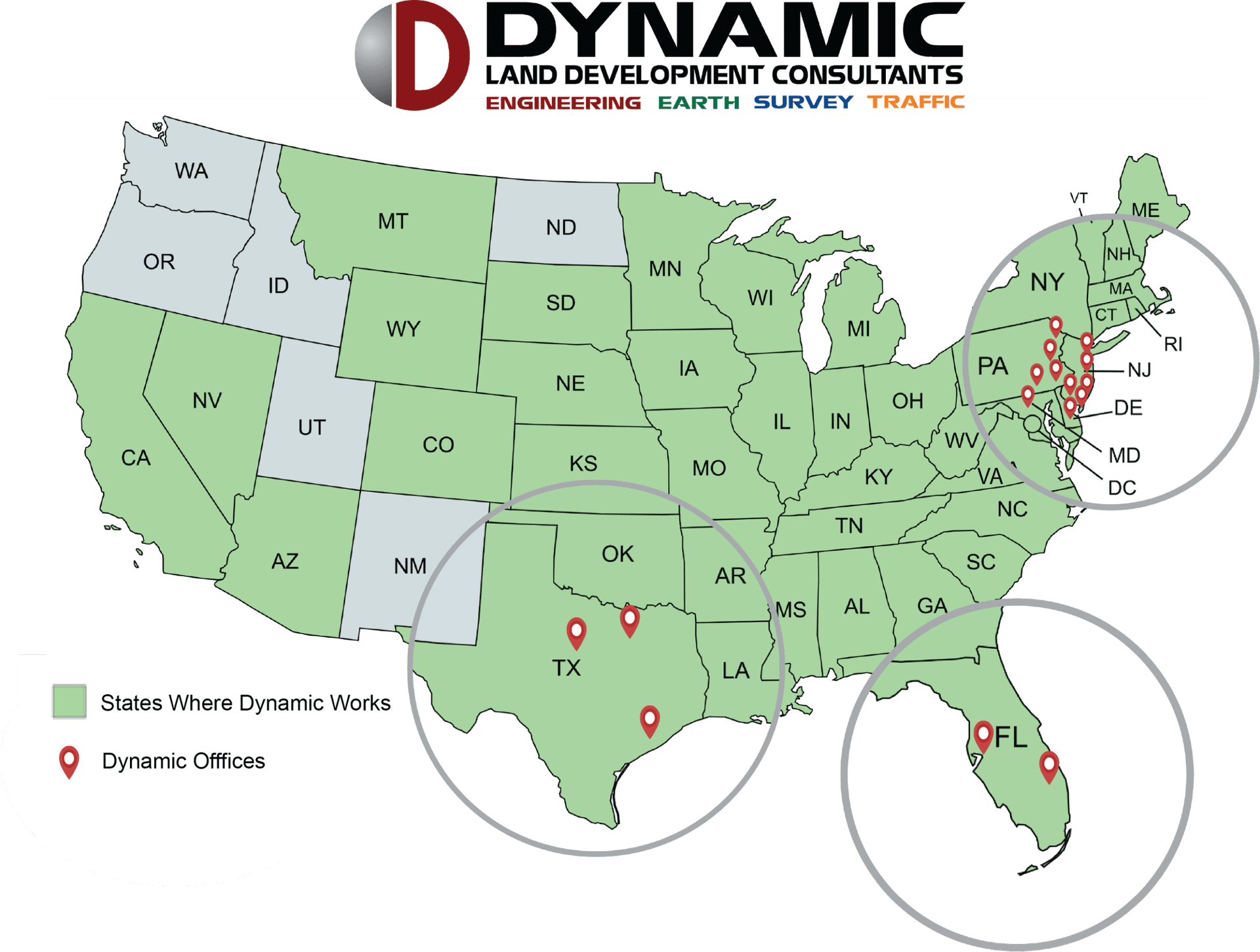Map of the United States with pins marking Dynamic office locations